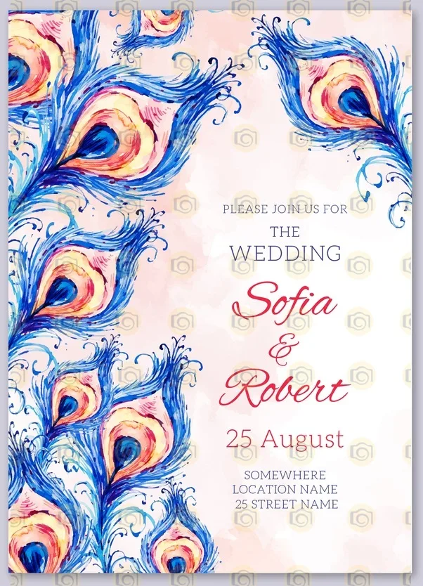 Wedding Invite Featuring Vibrant Peacock Feathers In A Colorful Design